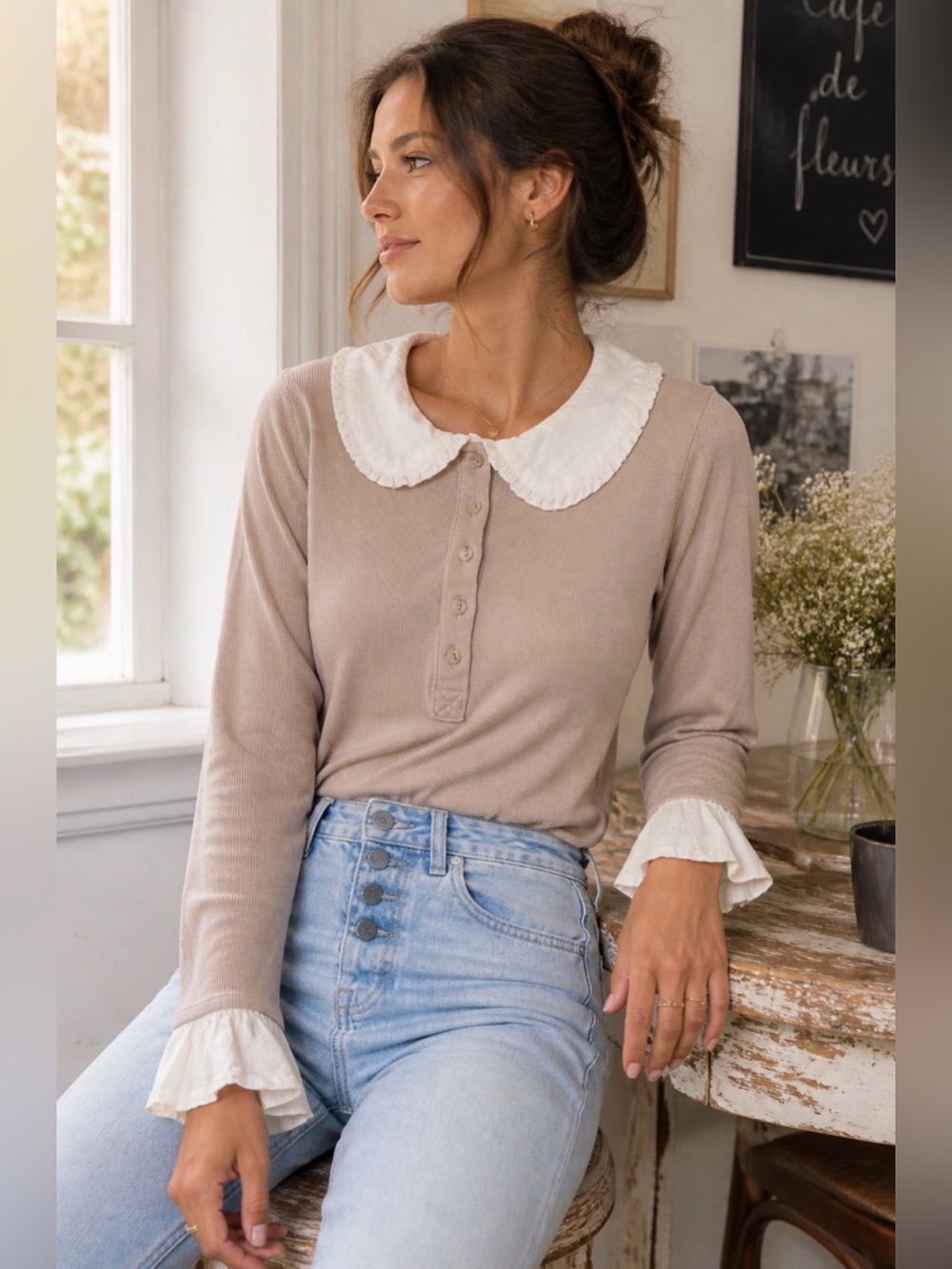 * Pilcro Anthro Peter Pan Collar Top | Cottagecore Ruffle Collar Blouse Neutral